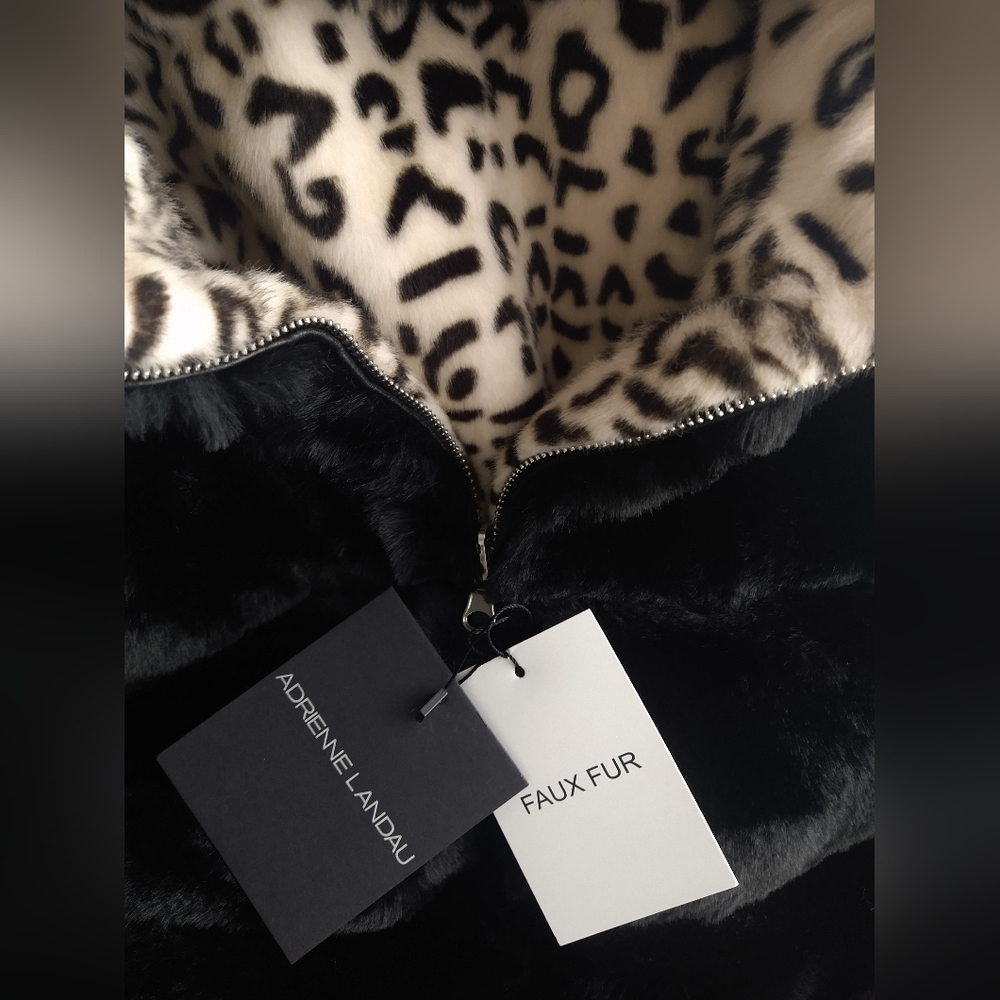 ADRIENNE LANDAU Reversible Faux Fur Hooded Vest Black / Animal $295 - Picture 14 of 15